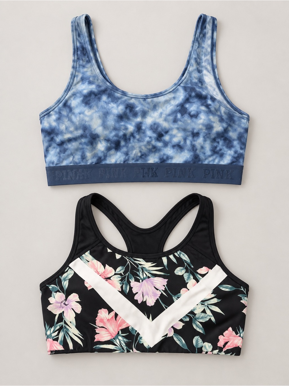 PINK Victoria's Secret Blue Tie-Dye & Black Floral Racerback Sports Bras